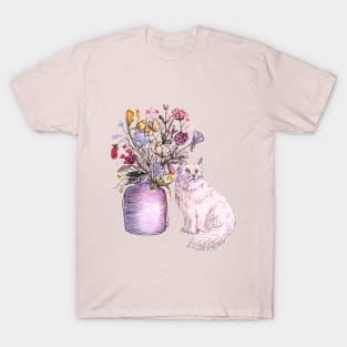 White Cat Sits Under Flowers T-Shirt